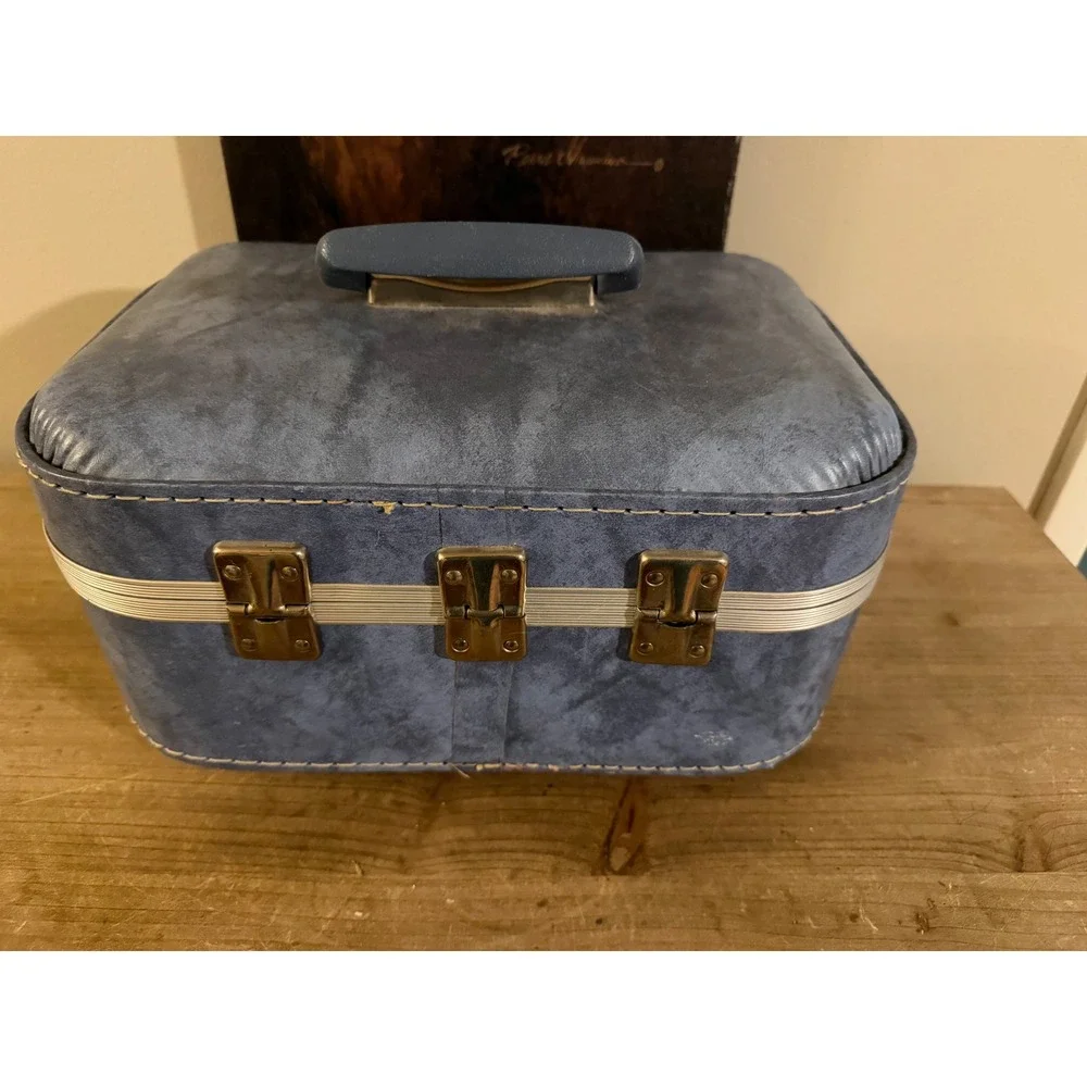 Vintage Blue Faux Leather Train Case Vanity Makeup‎ Travel Bag with Mirror